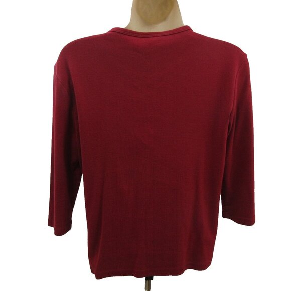 St John's Bay Top Petite Large Laced V-Neck Front Pullover Burgundy 3/4 Sleeve - Picture 3 of 8